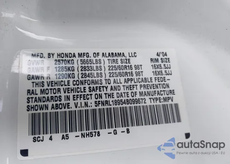 2004 Honda Odyssey Ex-L from USA, damaged, VIN 5FNRL18954B099672
